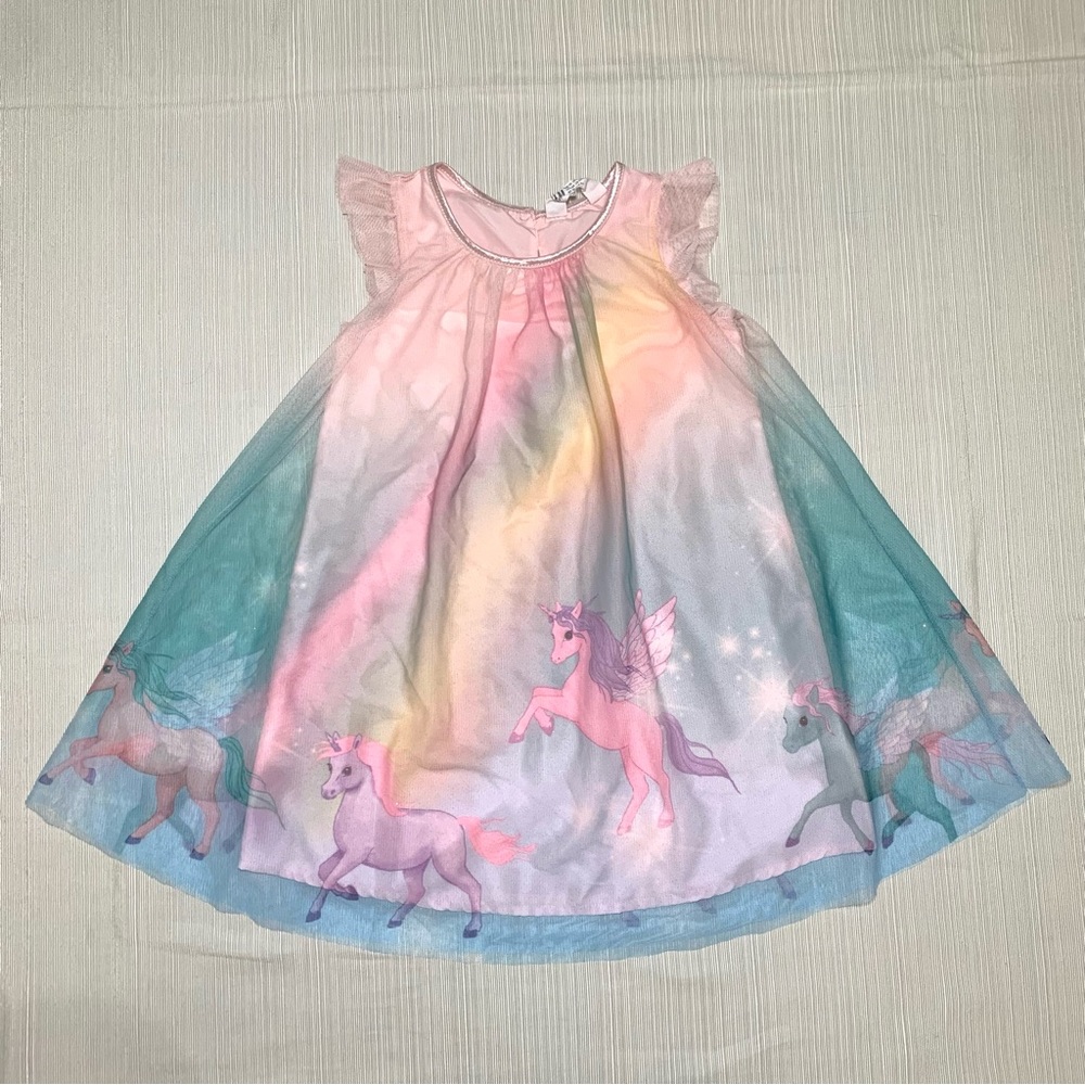 H&M Girls Unicorn Dress Size 5-6 Pastel Sleeveless Swing Dress Ruffle Summer EUC